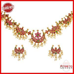 Adjustable Brass Necklace Set with Cubic Zirconia Stones, 24 Inches